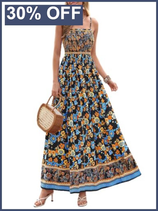 Dresses & Skirts - Women's Floral Maxi Dress Boho Spaghetti Strap A-Line Sleeveless Beach Summer